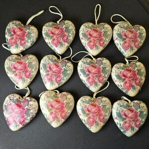 Set 12 Floral Heart Christmas Ornaments Pink Roses Vintage Style Romantic Decor